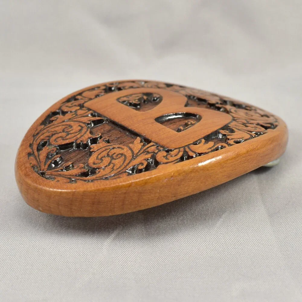 Belt Buckle Wood Letter B‎ Carved Filigree Western Etched Engraved Inlay